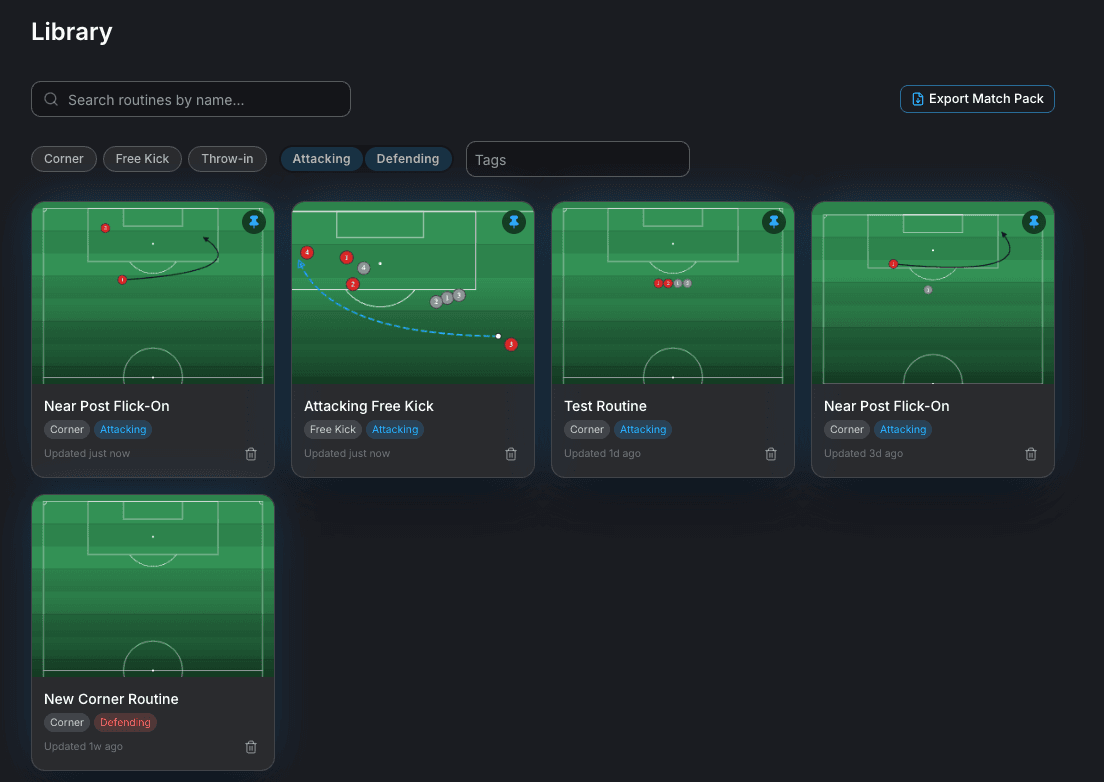 The routine library, with a search box, filters for corner, free kick, throw-in, attacking and defending, and a grid of saved routines each showing its pitch diagram and tags.