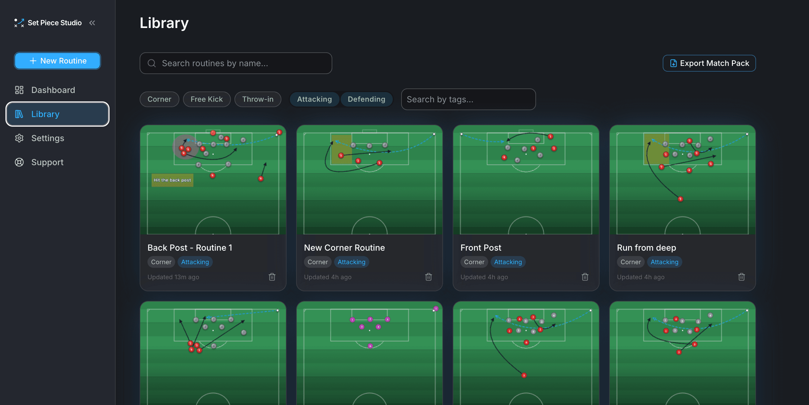 The routine library, with a search box, filters for corner, free kick, throw-in, attacking and defending, and a grid of saved routines each showing its pitch diagram and tags.