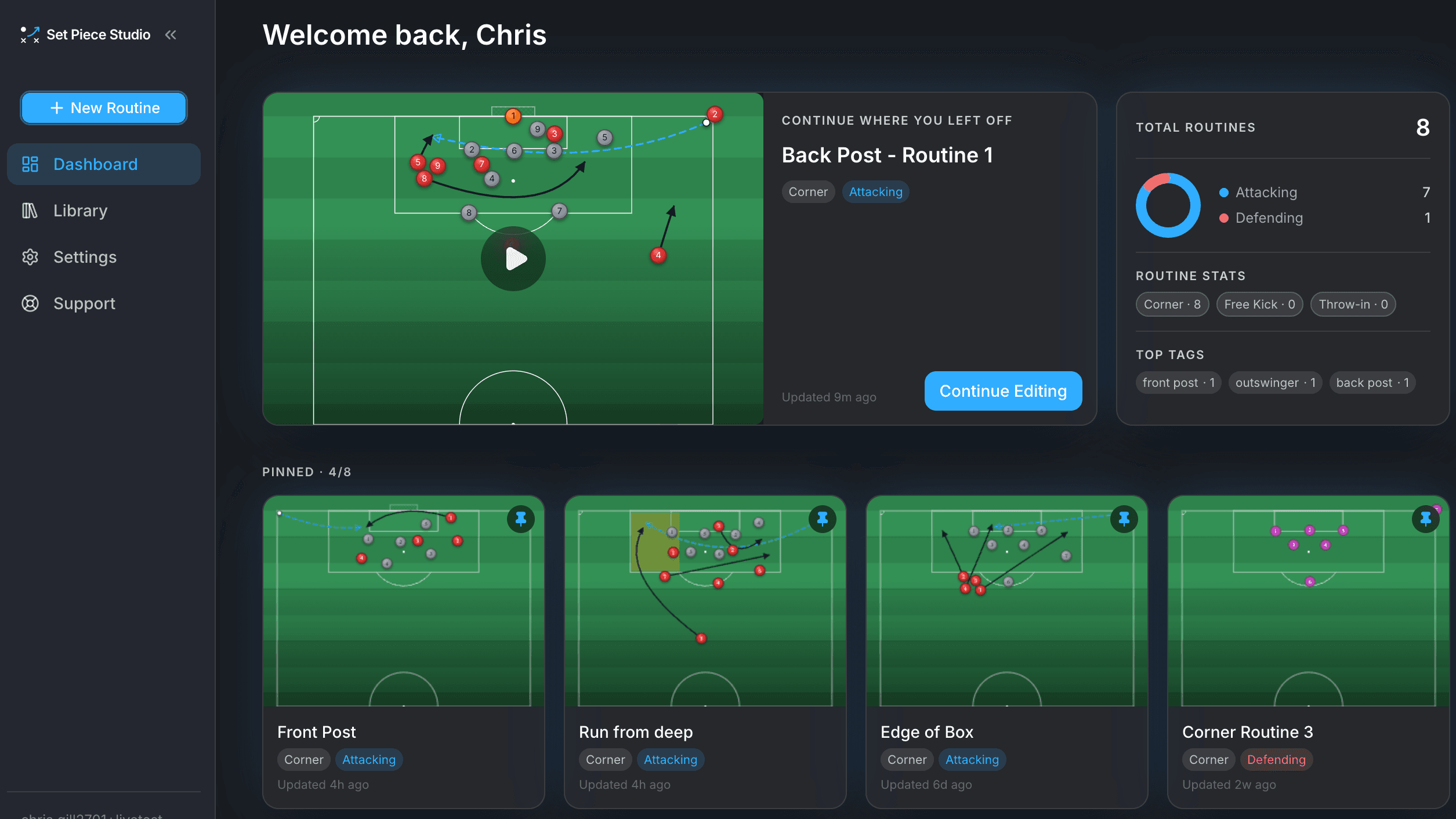The Set Piece Studio dashboard, showing a routine ready to play alongside routine counts and pinned routines.